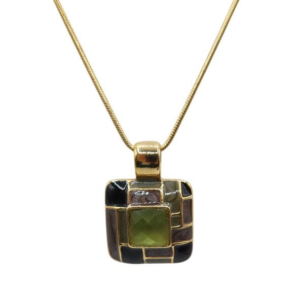 Olive Green Enamel & Facted Stone Square Pendant Chain Necklace Unsigned - Picture 1 of 7
